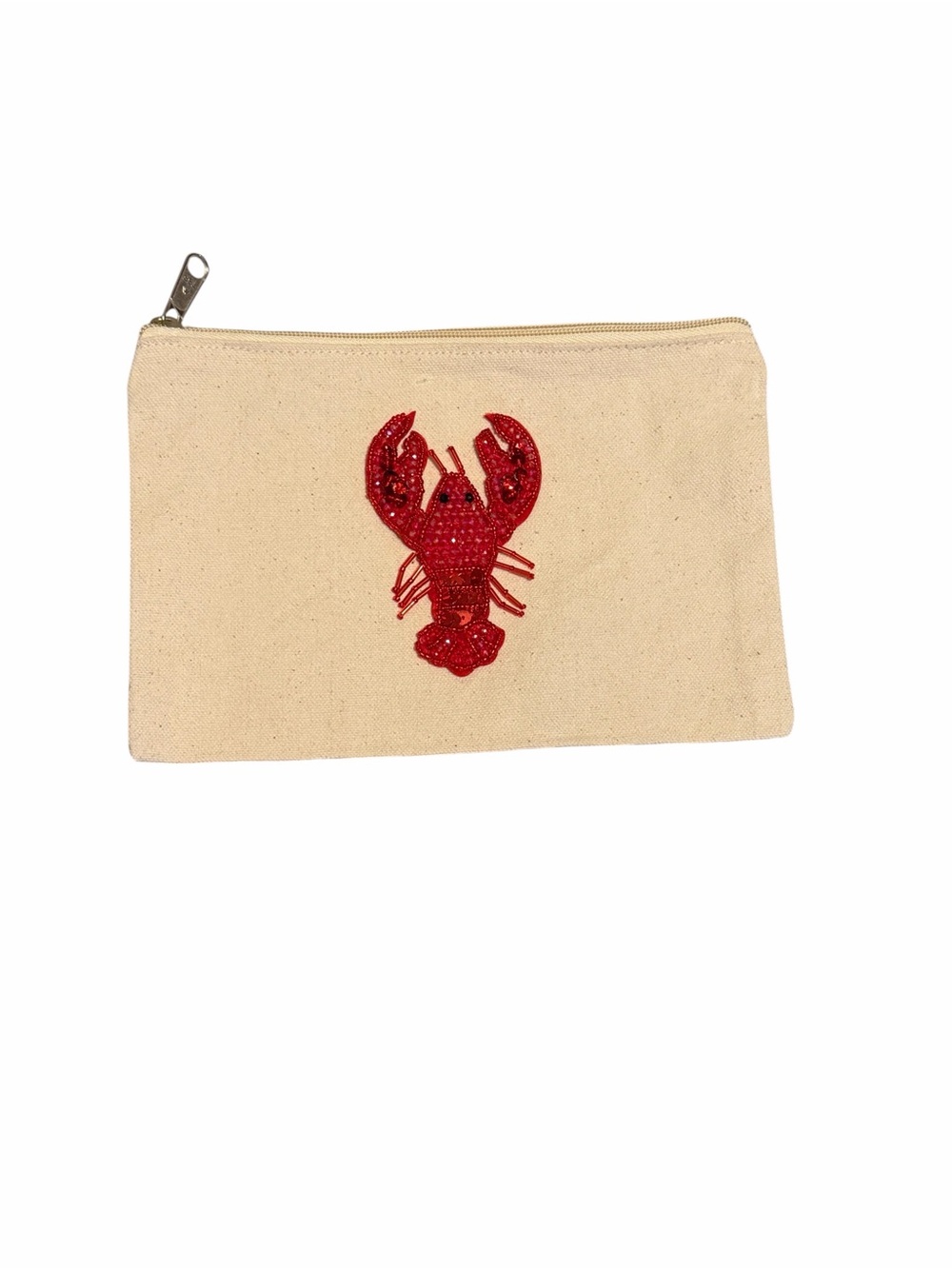 Natural Canvas Zipper Pouch with Red Lobster Beaded Applique